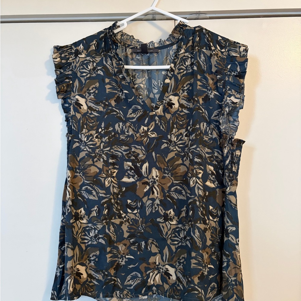 Floral Ruffle Sleeve Blouse - Blue and Brown